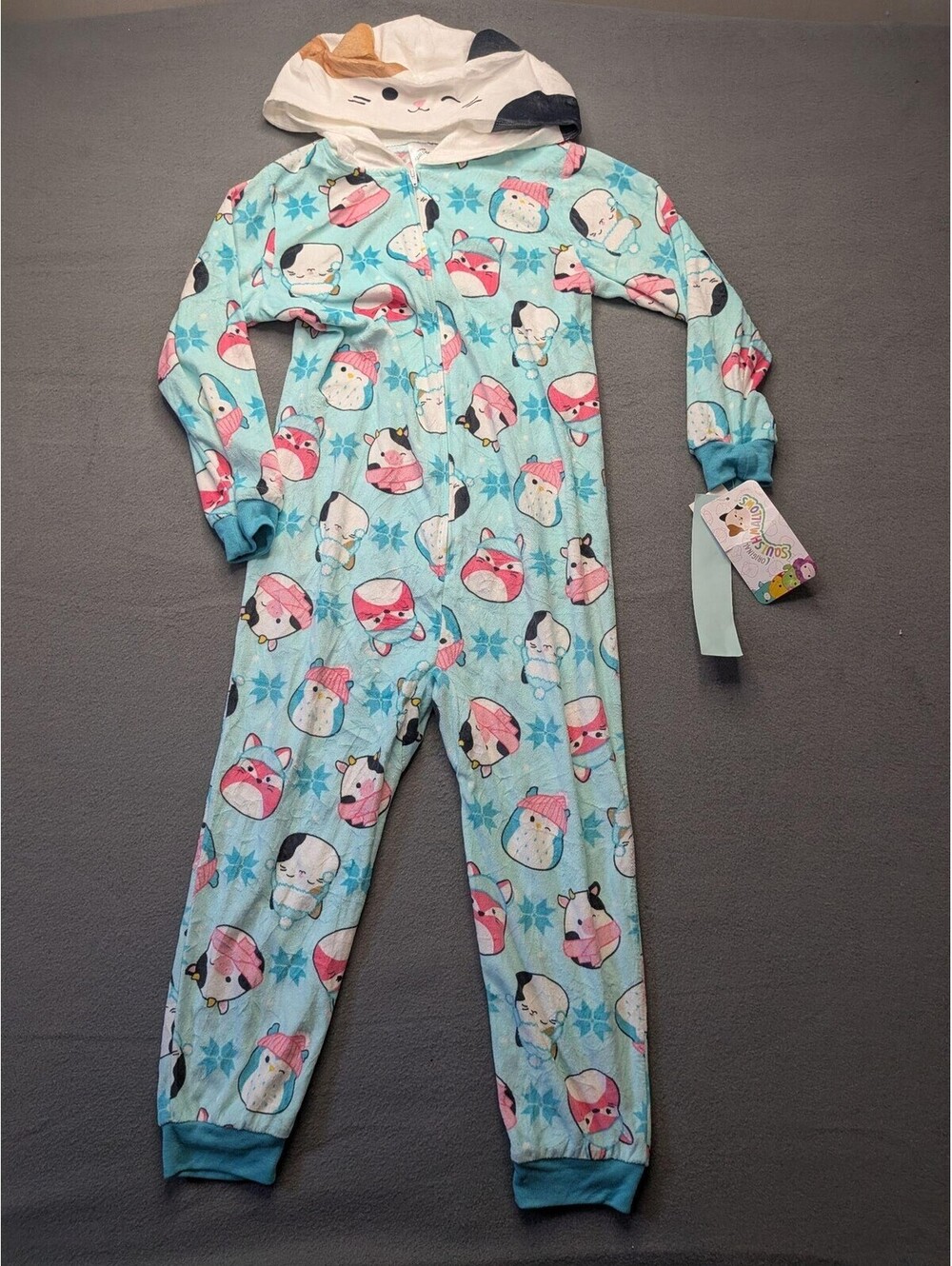 Squishmallows One Piece Pajamas Girls 6 Blue Hooded Fleece Animal Print Winter